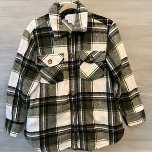 Time&Tru Olive Green Black Cream Plaid Flannel ButtonDown Shirt Shacket Small GC